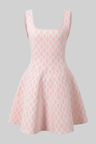 Baby Pink and White Patterned Knitted Sleeveless Mini Dress with Square Neckline