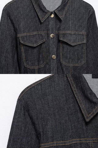 Dark Wash Button-Up Denim Long Midi Dress with Long Sleeves and Pocket Detail