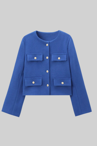 Elegant Tweed Button-Up Blazer with Gold Embellished Buttons