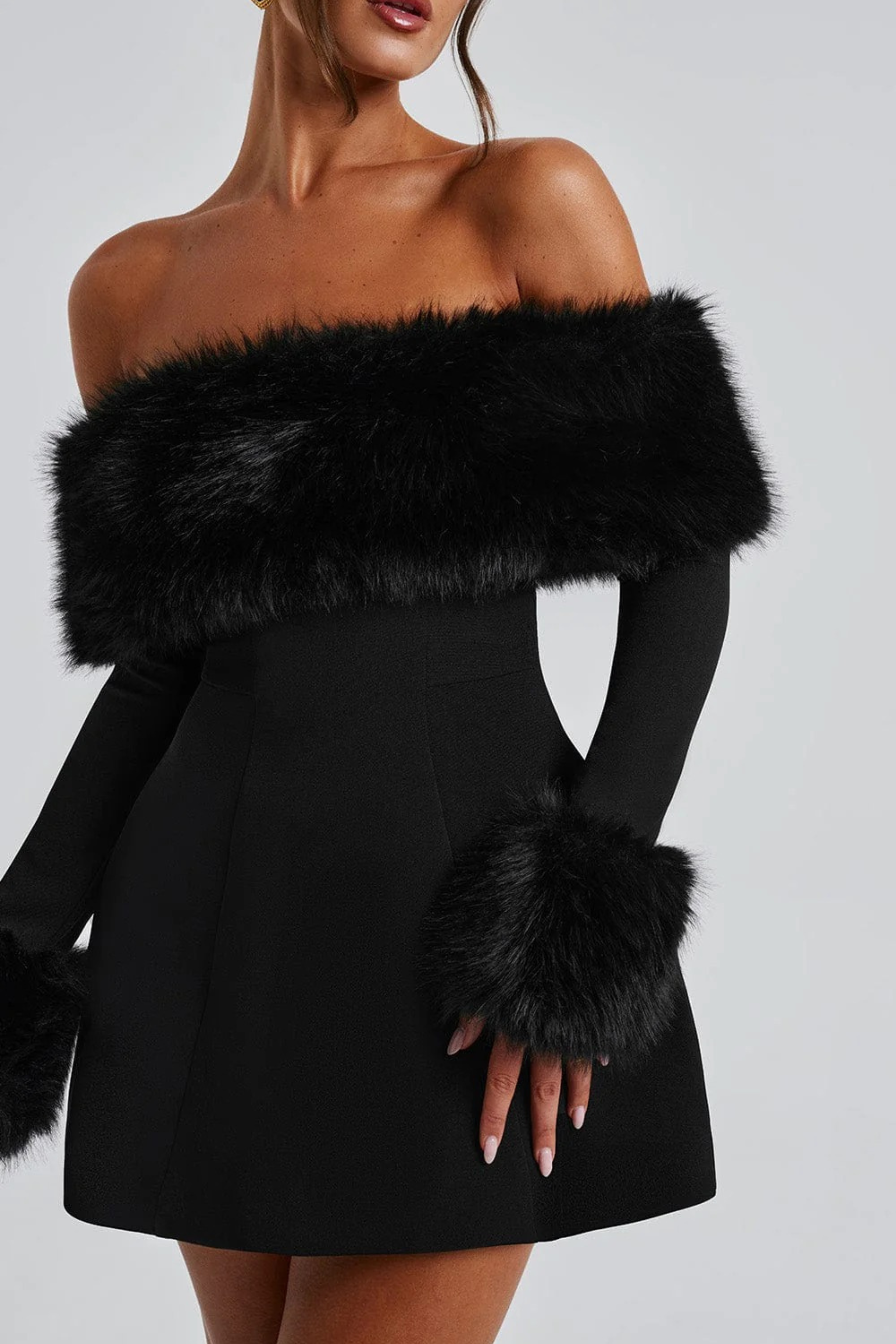 black dress with fur trim Black Off-Shoulder Long Sleeve Mini Dress with Faux Fur Trim – Nevo