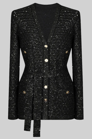 Luxury Sequined Knit V-Neck Long-Sleeve Cardigan Jacket