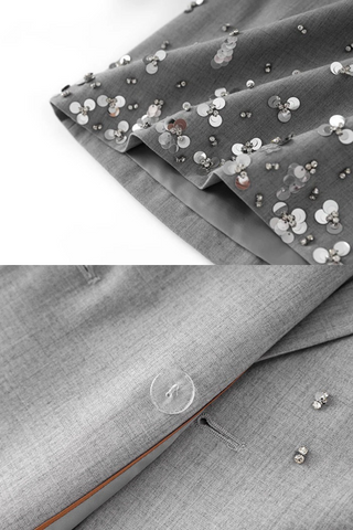 Embellished Grey Blazer & Skirt Set - Sequin-Studded