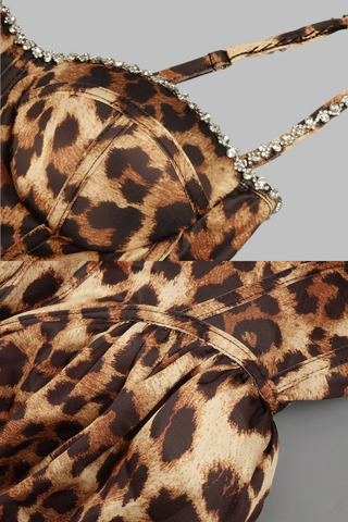 Leopard Print Corset Midi Dress with Crystal Straps