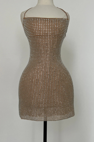 Sleeveless Rhinestone Mesh Mini Dress