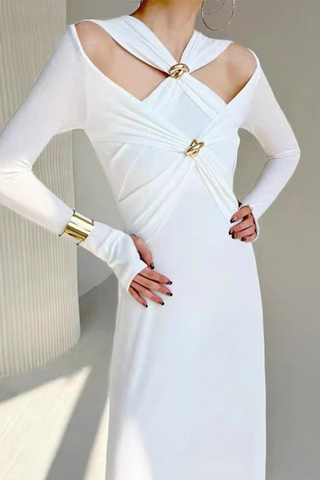 Gold Accent Cutout Long Sleeve Long Dress