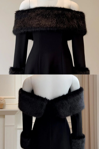 Black Off-Shoulder Long Sleeve Mini Dress with Faux Fur Trim