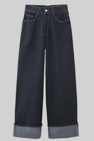 Wide-Leg Cuffed Denim Jeans