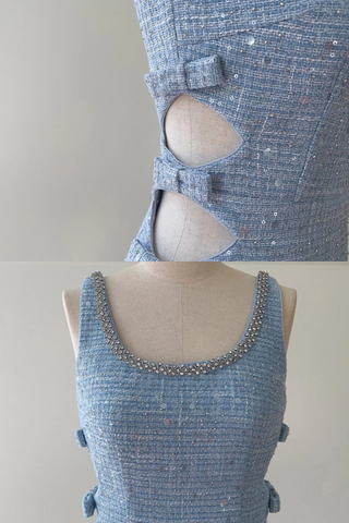 Sleeveless Blue Tweed Mini Dress with Bow Accents and Embellished Neckline