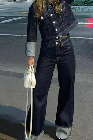 Wide-Leg Cuffed Denim Jeans