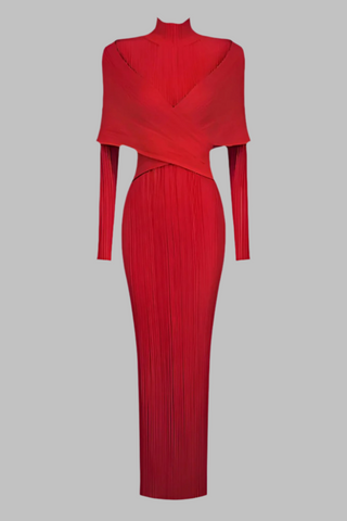 Red Long-Sleeve High-Neck Ribbed Maxi Dress
