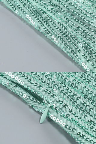 Mint Sequin Bodycon Long Dress with Spaghetti Straps and Thigh-High Slit