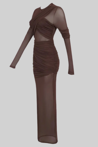 Long Asymmetric Sheer Mesh Dress with Draped Ruched Skirt