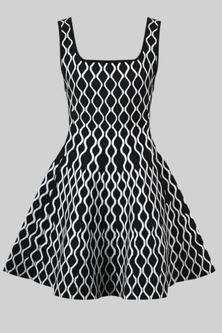 Black and White Patterned Knitted Sleeveless Mini Dress with Square Neckline