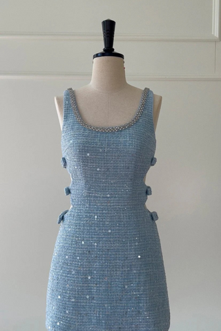 Sleeveless Blue Tweed Mini Dress with Bow Accents and Embellished Neckline