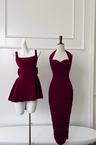 Burgundy Ruched Halter Midi Dress