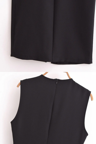 Belted Sleeveless Crepe Midi Dress with Gold Button Detail