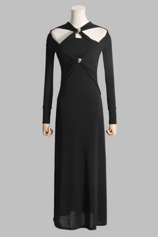 Gold Accent Cutout Long Sleeve Long Dress