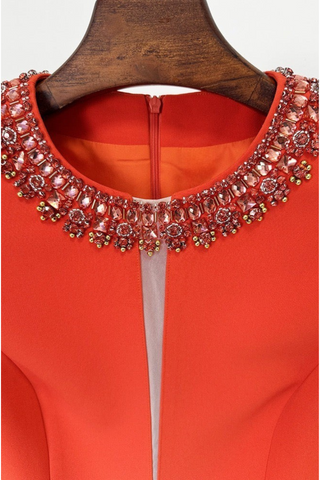 Embellished Crepe Red Sleeveless Mini Dress with Mesh Detail