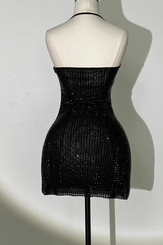 Sleeveless Rhinestone Mesh Mini Dress