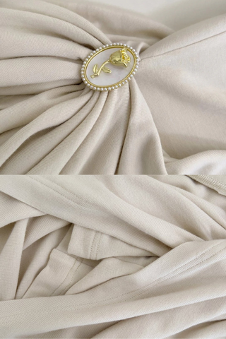 Cream Long-Sleeve Draped Mini Dress with Rhinestone Detail