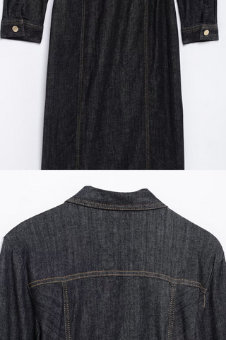 Dark Wash Button-Up Denim Long Midi Dress with Long Sleeves and Pocket Detail