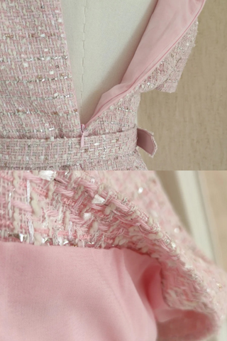 Pink Tweed Short Sleeve Mini Dress with Belt & Pearl Button Detail