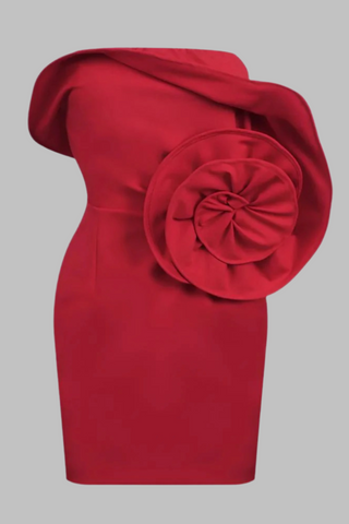 Red Strapless Mini Dress with Oversized Rosette Detail