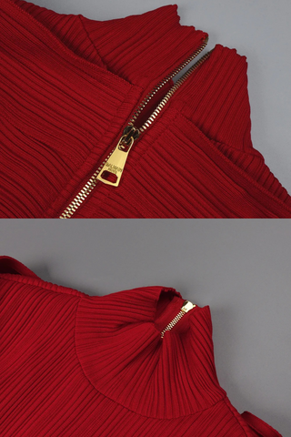 Red Long-Sleeve High-Neck Ribbed Maxi Dress