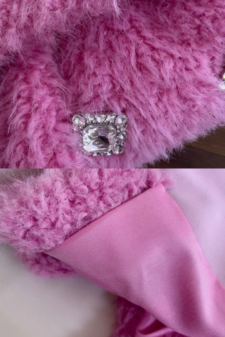 Pink Faux Fur Midi Coat with Oversized Collar