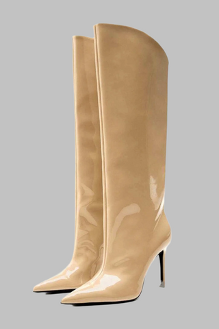 Glossy High-Shine Patent Leather Pointed Toe Knee Boots