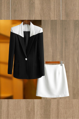 Two-Tone Blazer & Skirt Set – Black and White Contrast Tailored Jacket with Mini Skirt