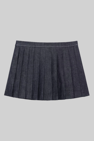 Pleated High-Waisted Denim Mini Skirt