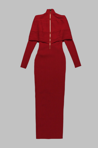 Red Long-Sleeve High-Neck Ribbed Maxi Dress