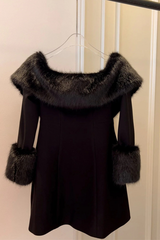 Black Off-Shoulder Long Sleeve Mini Dress with Faux Fur Trim