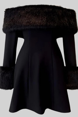 Black Off-Shoulder Long Sleeve Mini Dress with Faux Fur Trim