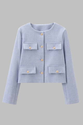 Elegant Tweed Button-Up Blazer with Gold Embellished Buttons