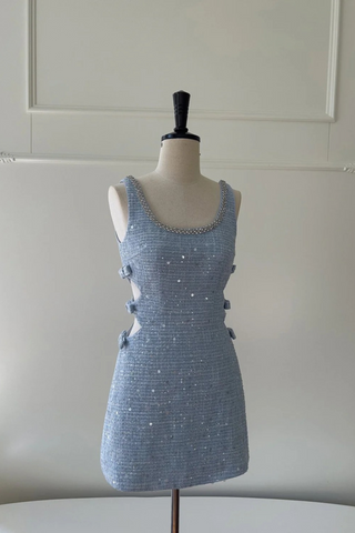 Sleeveless Blue Tweed Mini Dress with Bow Accents and Embellished Neckline