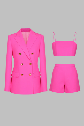3-Piece Suit – Double-Breasted Blazer, Spaghetti Strap Crop Top & High-Waisted Shorts Set