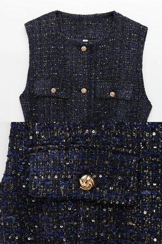Elegant Tweed Belted Vest – Sleeveless Round Neck Textured Jacket with Gold Button Details