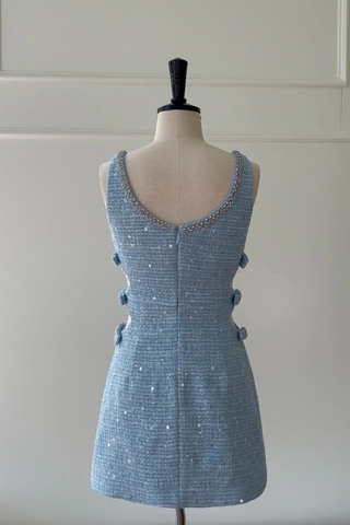 Sleeveless Blue Tweed Mini Dress with Bow Accents and Embellished Neckline