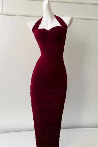 Burgundy Ruched Halter Midi Dress