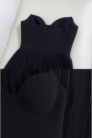 Black Strapless Maxi Dress with Pleated Skirt and Sweetheart Bodice