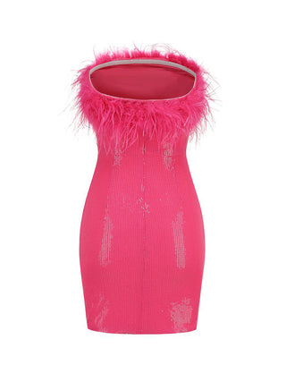 Salva Sequin Feather Strapless Mini Dress