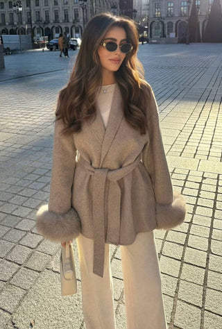 Double-Faced Wool Coat with Fur Cuffs - Mid-Length, Belted Wrap Coat