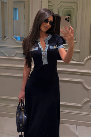 Short Sleeves Denim-Trimmed Knitted Long Dress