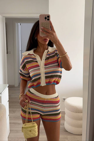 Striped Crochet Knit Two-Piece Set with Short Sleeve Button Top and High-Waist Shorts